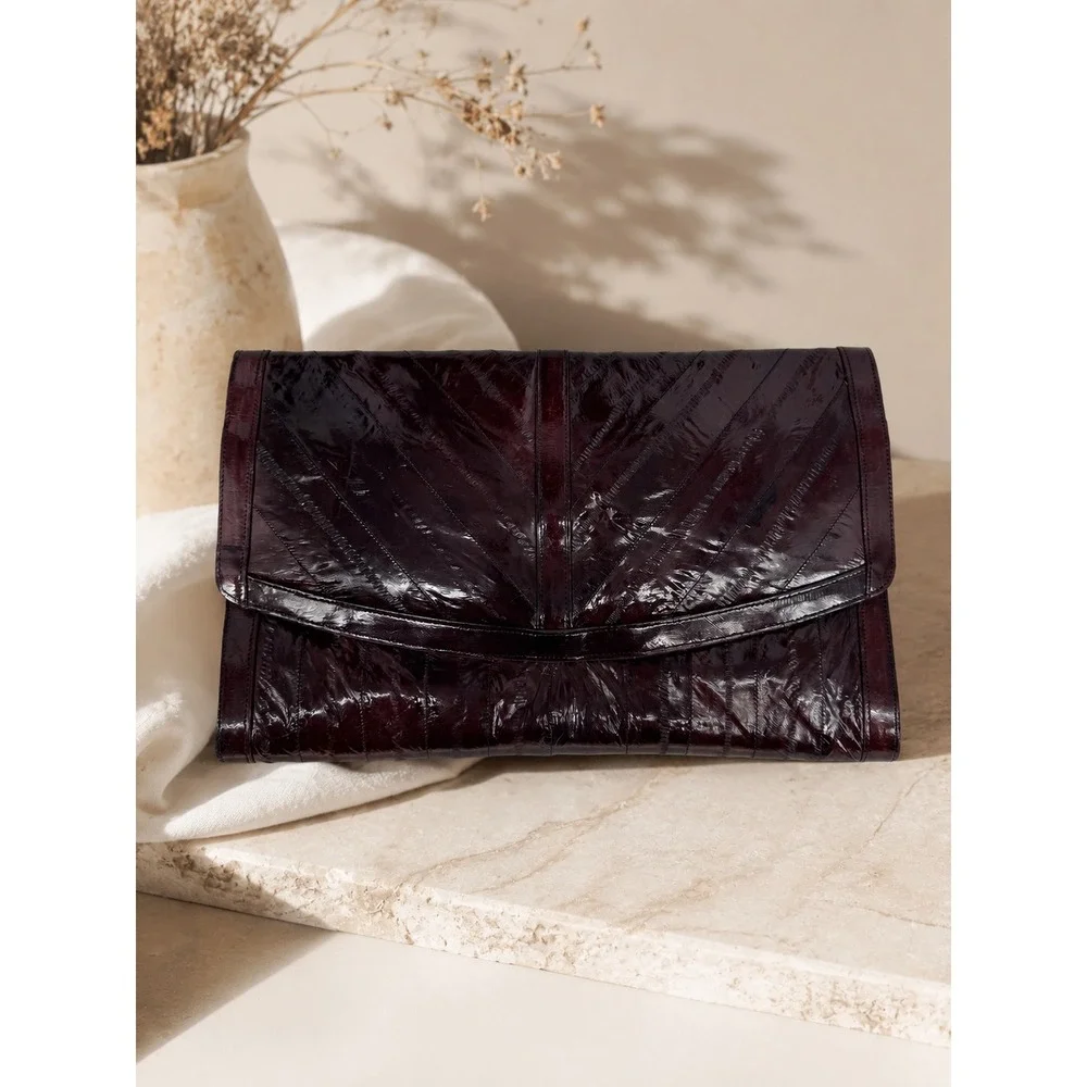 Eel Skin Clutch Womens M Brown Exotic Leather Quiet Luxury Classic Evening Bag